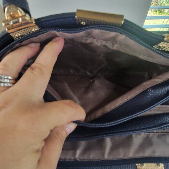 Ladies Pu Leather Top Handle Satchel Handbags Elegant Tote Bag Navy Blue - Picture 7 of 11